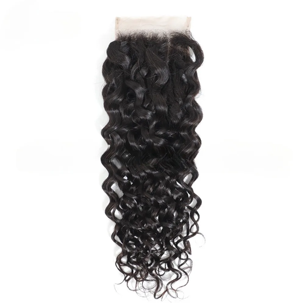 ウォーターウェーブ人毛 4x4 レース閉鎖事前摘み取り 150% 密度フルエンドナチュラルカラーブラジルバージンヘア 10-20 インチ