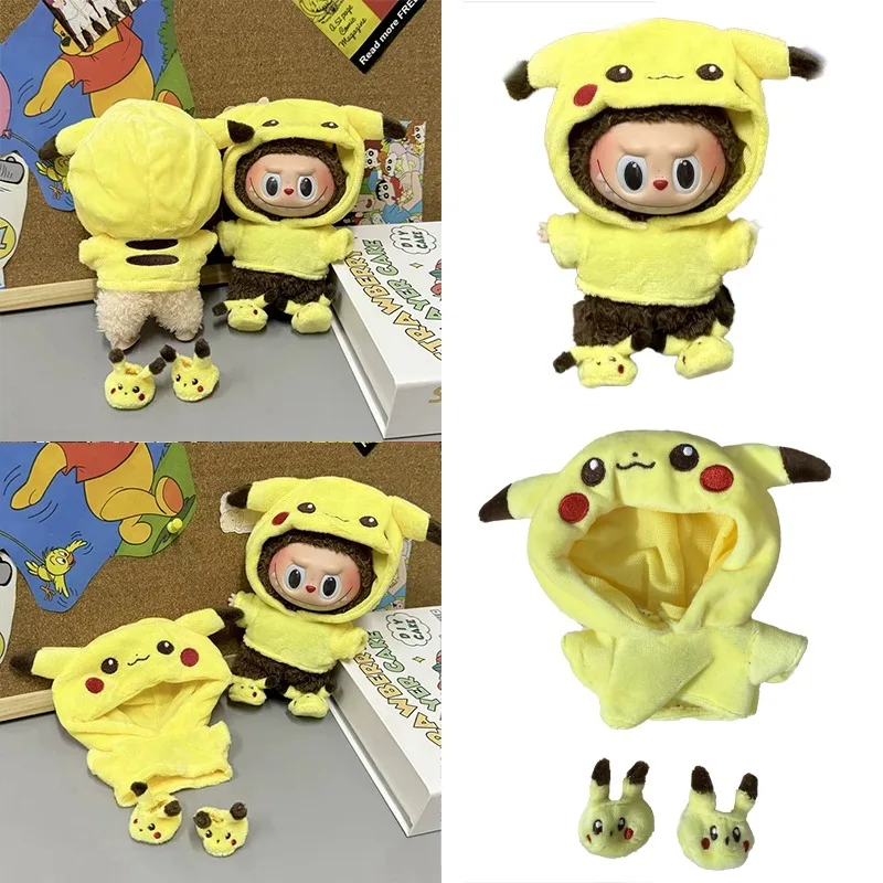 

15 17 см для куклы Labubu, милый мультяшный Пикачу, плюшевый наряд, комплект одежды, обуви, Kpop Kawaii, одежда Ropa, кукла-стойка