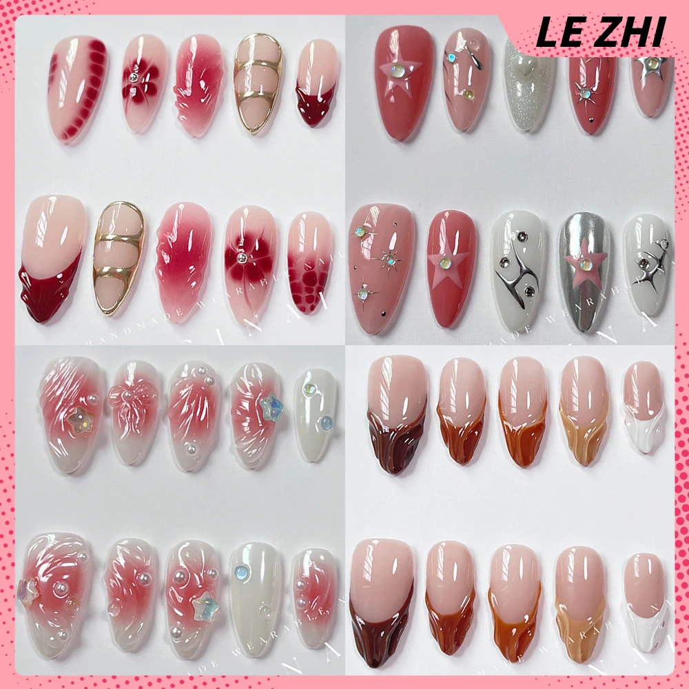 10Pcs Handmade High-End Sweet Cool Acrylic Party Nail Sticker Diamond Pearl Flowers Almond Shape Glossy Removable Nail Gift