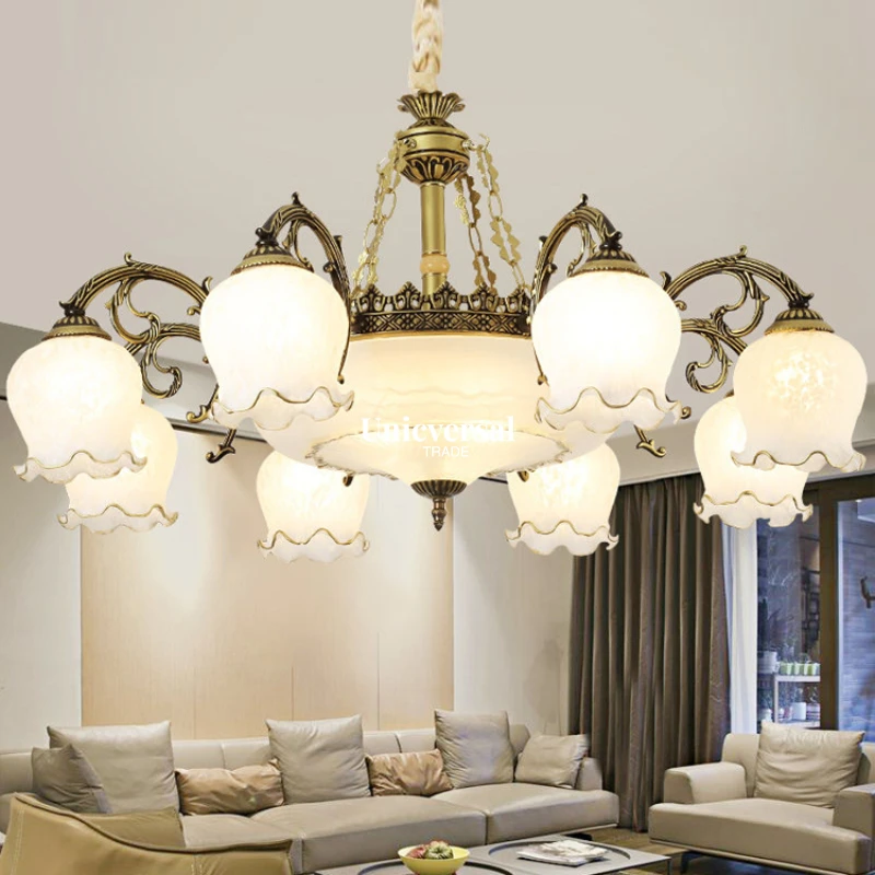 

European-style Retro Living Room Glass Chandelier, American Second-hand Petal Chandelier, Bedroom Dining Room Decorative Lamp