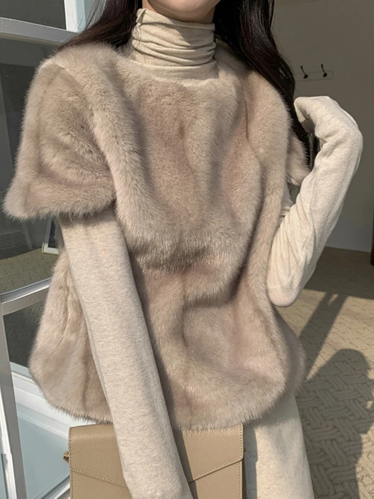 Korea Chic Solid Simple Faux Fur Short Sleeve Pullover Tops Casual Loose High Quality Plush Women Clothes Autumn  X463