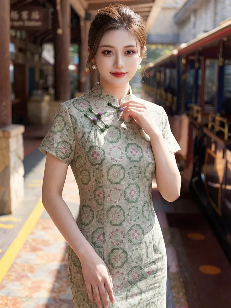 

Blue Flower Improved Jacquard Long Qipao Women's 2026 Spring New Style Girls' Short Sleeve Young Style Qipao Dress