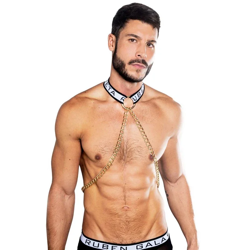 

Bar Nightclub DJ Male Stage Gogo Costume Men Neck Ring Chest Chain Strap Male Pole Dance Clothing Stage Accessories XS5757