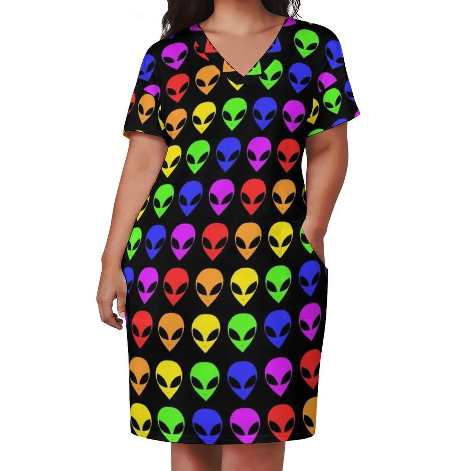 Rainbow Aliens Loose Pocket Dress Female clothing summer dress