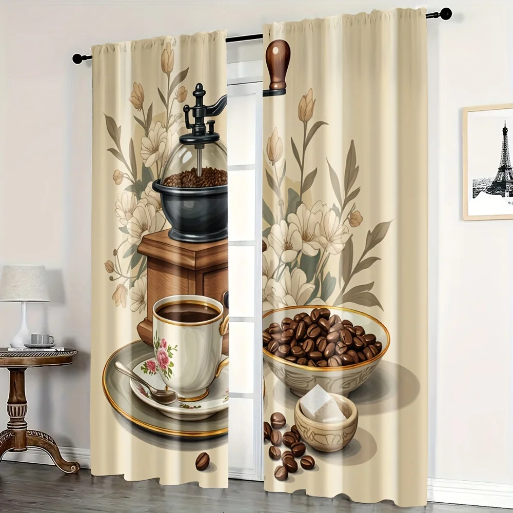 coffee cup grinder curtain for kitchen living room privacy and decor vintage style polyester fabric Enhance spatial aesthetics