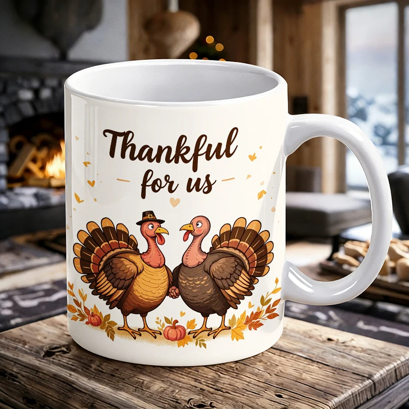 

11 oz "Thankful for Us" handled ceramic mug, creative turkey coffee mug, insulated milk cup, office water cup, fade-resistant