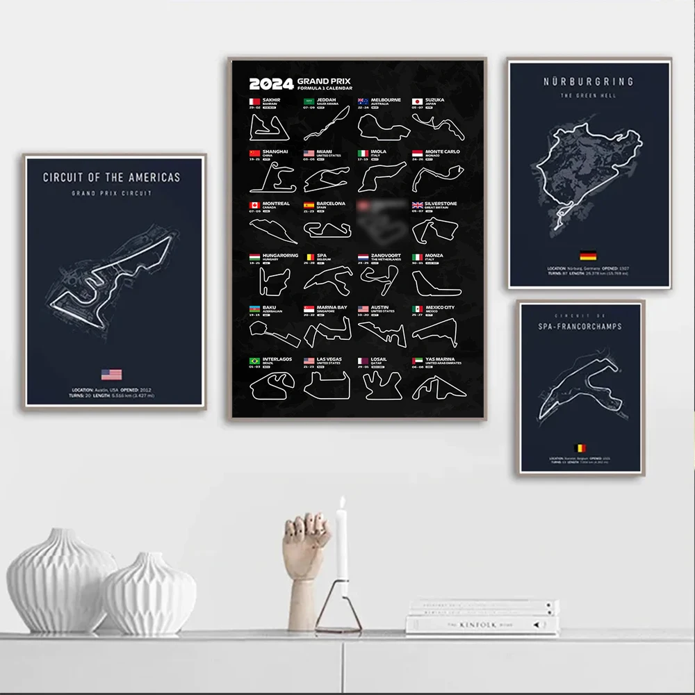 2024 Grand Prix Formula 1 Calendar Wall Art Canvas Painting Motorsport Race Circuit Poster Prints Picture for Modern Home Decor