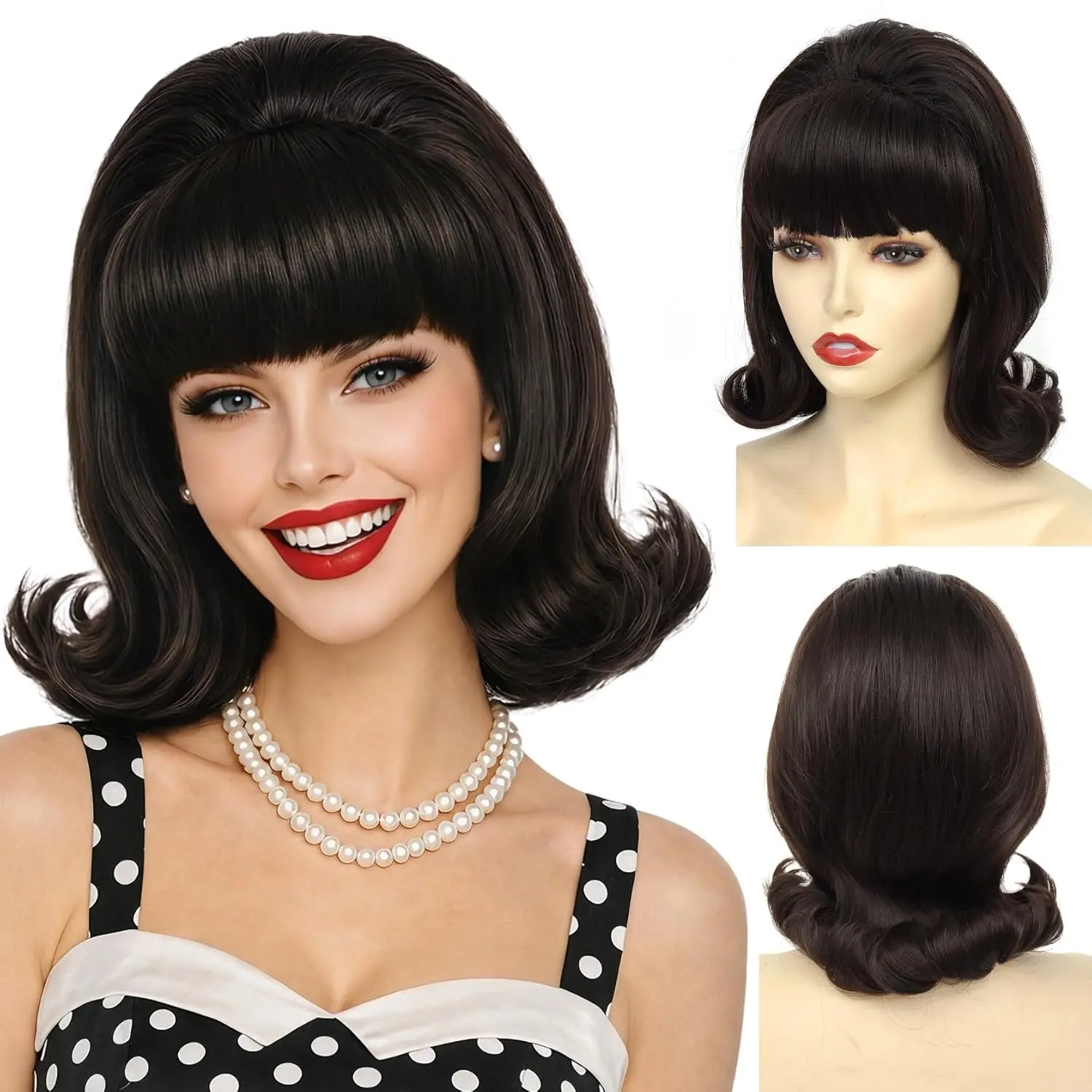 HAIRJOY Synthetic Hair Short Bob Wig with Bangs for Women 60s 70s Retro Beehive Bouffant Wigs Vintage Costume Wig for Halloween