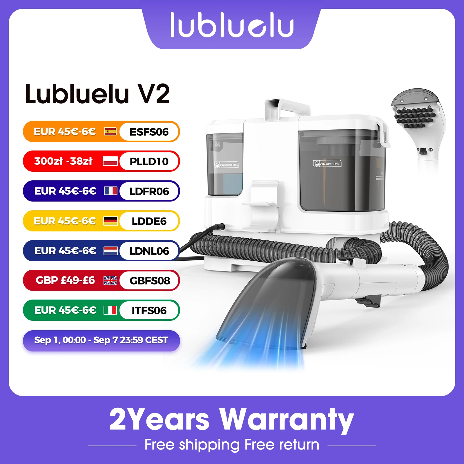 Lubluelu V2 Tragbarer Teppich- und Polsterreiniger 3-in-1 Sprühbürste Staubsauger 12KPa Starke Saugkraft Kompakte Aufbewahrung für Zuhause/Sofa/Teppich/Autositze