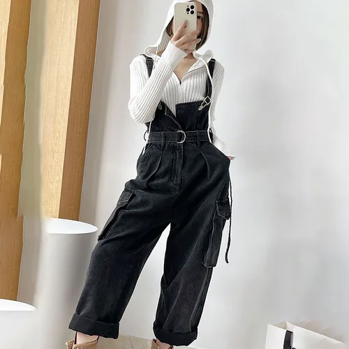 Imagen 2 del producto Ropa de trabajo estilo monos vaqueros de pierna ancha para mujer, nuevo diseño de moda de otoño con mono Retro Halter, pantalones vaqueros con tirantes para el hombro para mujer