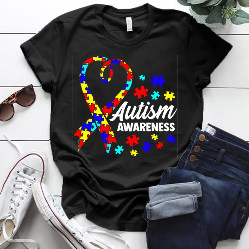 

New Women'S Fashion Summer Round Neck T Shirt Autism Awareness Letter Print Short Sleeve Top Plus Size Casual Loose Shirt