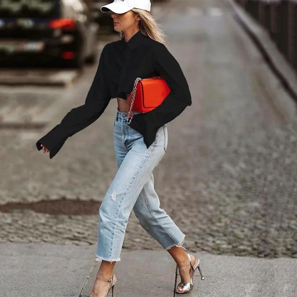 Street women's clothing 2024 autumn new thin top long sleeved short design feeling exposed belly white shirt for women YBF33-3