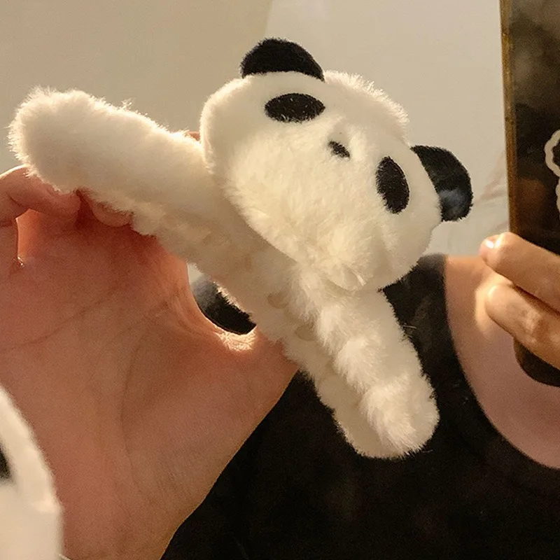 Garra de pelo de tiburón de felpa Panda para mujer, soporte de cola de caballo de acrílico de Animal de dibujos animados lindo, horquilla de moda para niñas, horquilla para el cabello de gran tamaño