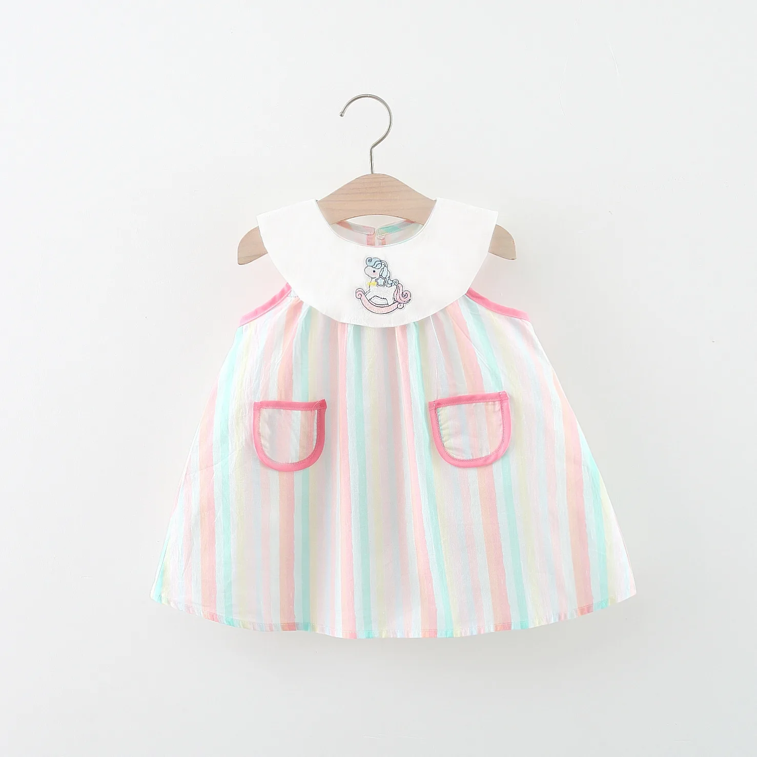 

Summer New Baby Girls Dress Rainbow Stripes Halter Sleeveless Cartoon Pony Print Princess Dress Casual Light