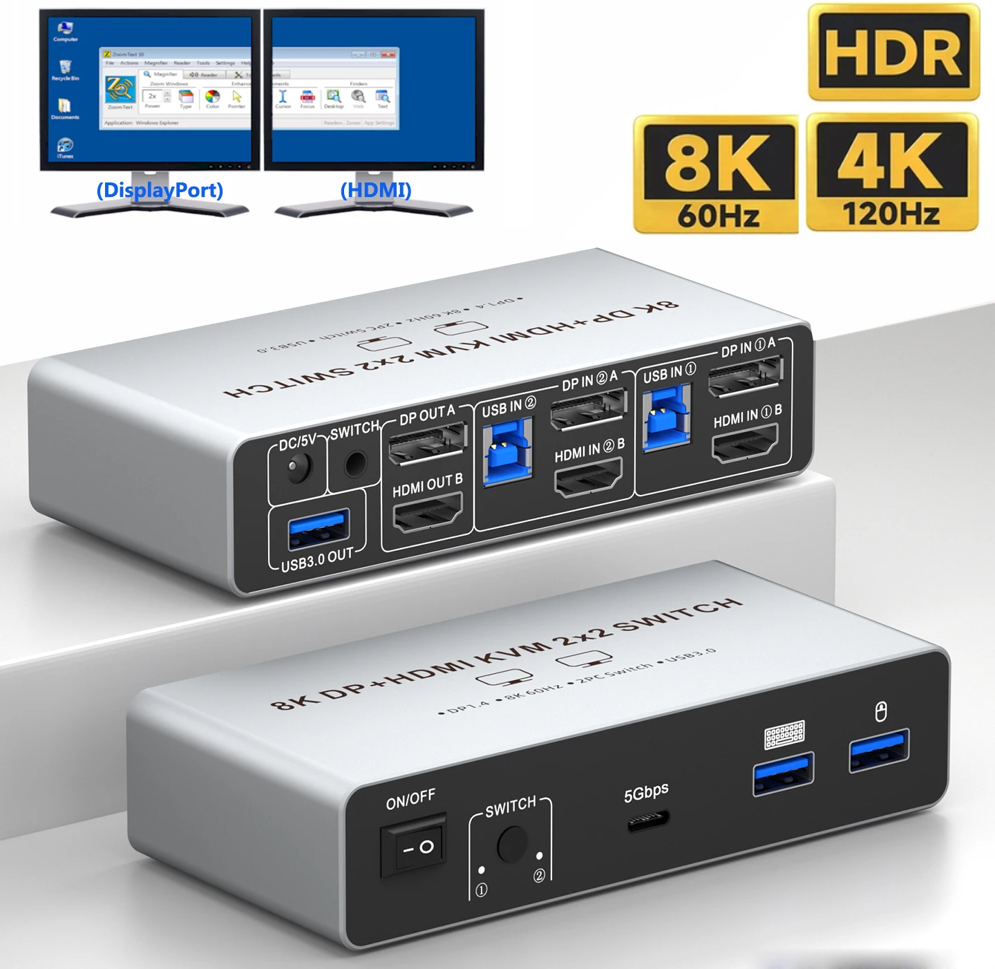 Conmutador KVM 8K para dos monitores, 2 computadoras, HDMI 2.1+DisplayPort 1.4, conmutador KVM para compartir ratón, teclado y dispositivos USB.