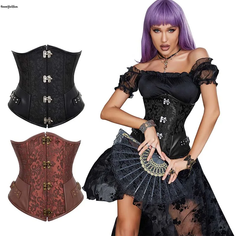 

4 Claps Buckles 12 Spiral Steel Boned Korset Women's Jacquard Lace Up Leather Corselet Black Brown Steampunk Underbust Corset