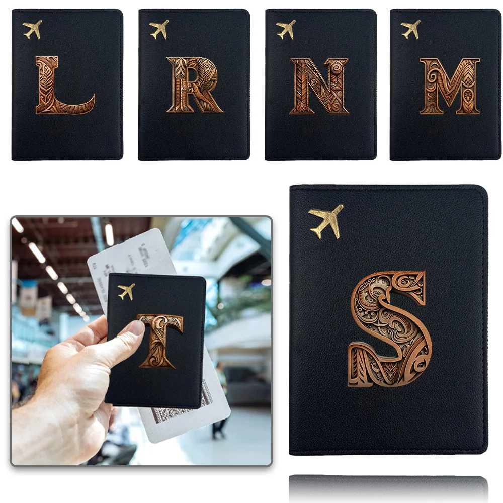 Pu Personalized Passport Case Portable Airplane Travel Passport Cover Pocket Business Passport Clip Wood Art Letter Pattern