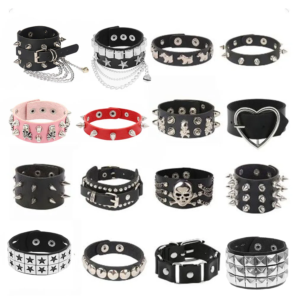 Retro Rock Red Pink Star Skull Spike Bracelet Punk Heart Bracelet Black Studded Pu Leather Bracelet for Men Women Man Jewelry