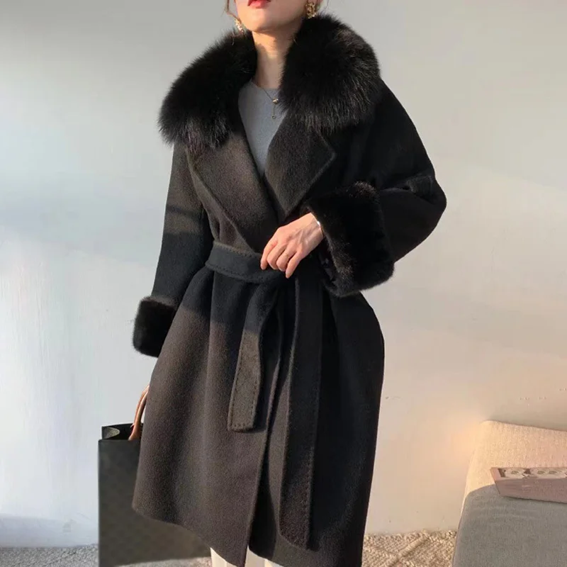 2024 Women Fashion Cashmere Coats 100% Real Mink Fur Cuff Long Outerwear Wool Jackets Fox Collar Lady Clothing