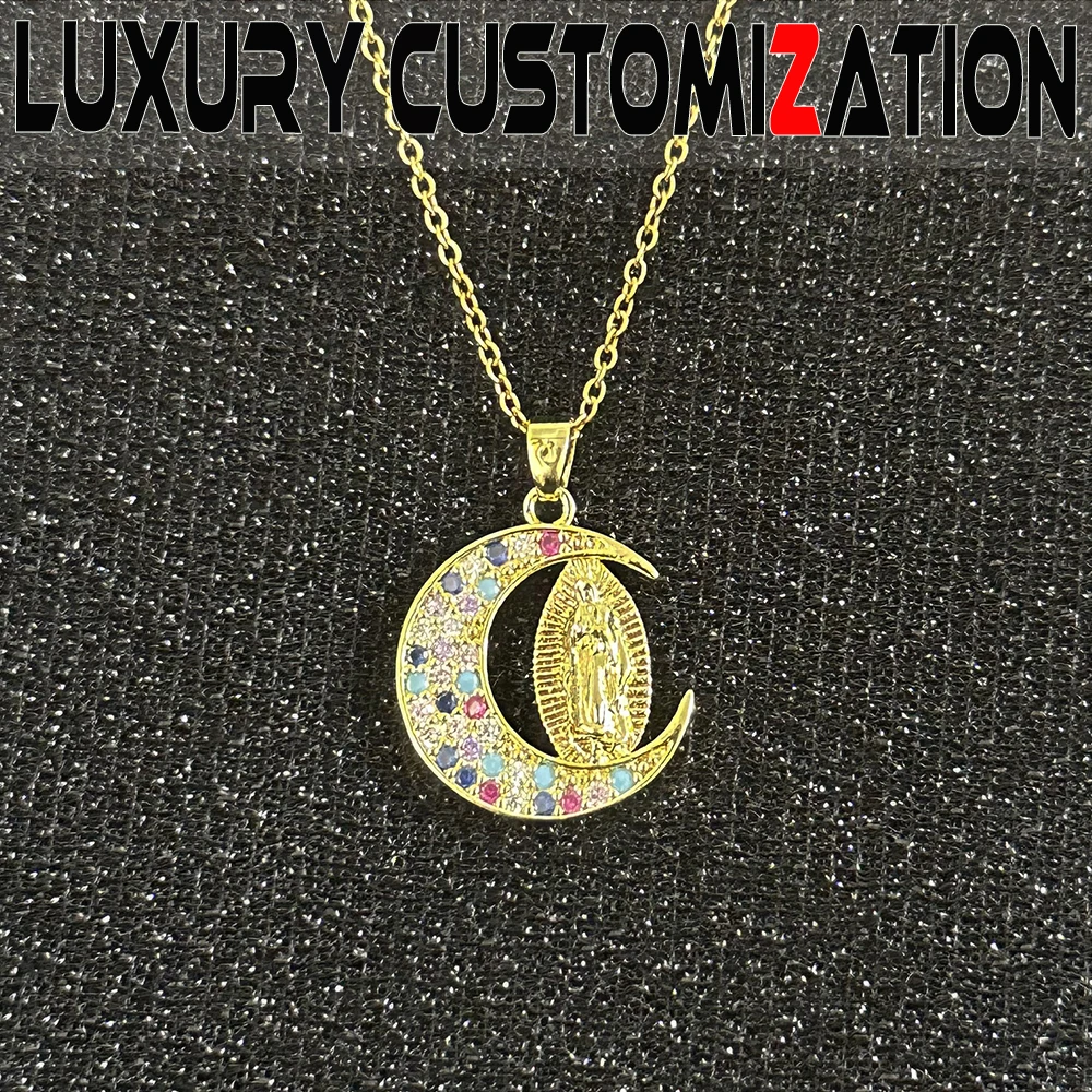 Exclusive custom religious necklace with luxurious gemstone inlaid Virgin pendant, plated with 18K gold, trendy decoration