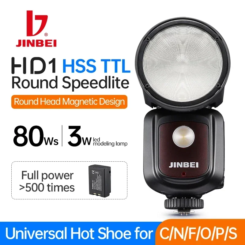 Flash JINBEI HD-1 80W TTL HSS Speedlite com cabeça redonda para estúdio fotográfico, Speedlight universal com encaixe Hot Shoe para Canon, Sony, Nikon, Fuji e Olympus.