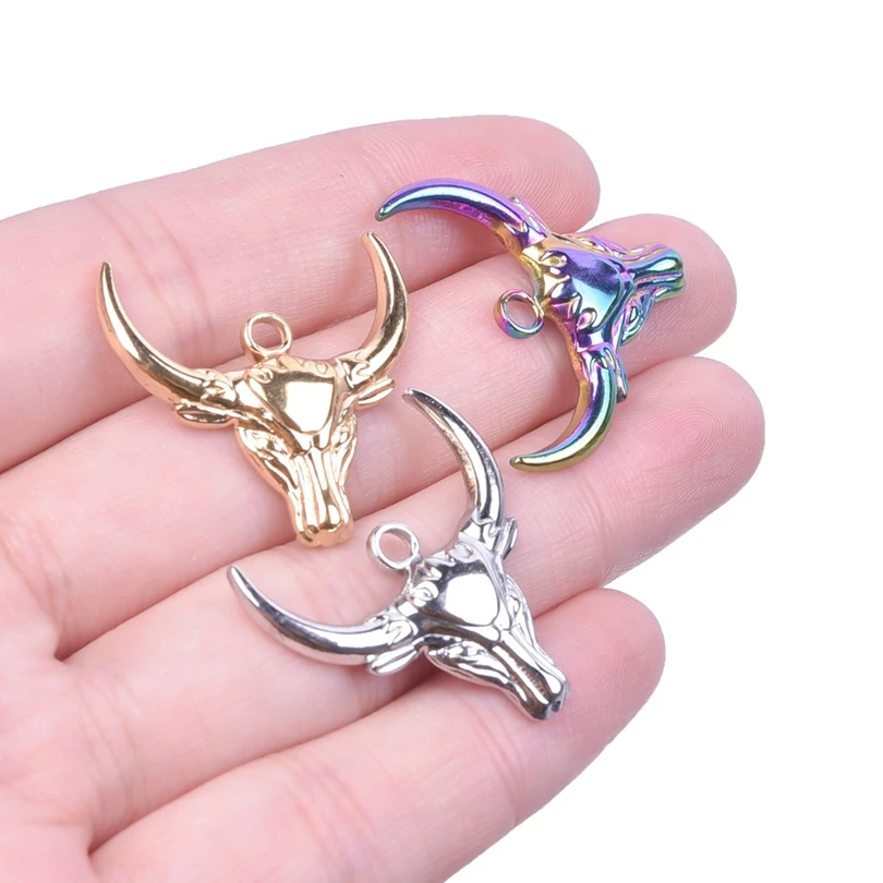 6pcs Stainless Steel Hip Hop Punk Bull Head Charms For Jewelry Making Ox Animal Pendant Necklace DIY Handmade Craft Accessories