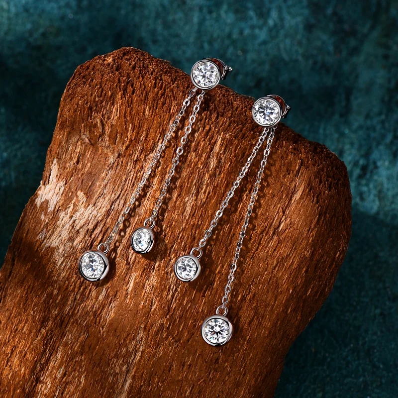 

D Moissanite Double Chain Drop Earrings 5.0mm&4.0mm Diamond Stud Earrings Trend Real Silver 925 Women Accessories Jewelry