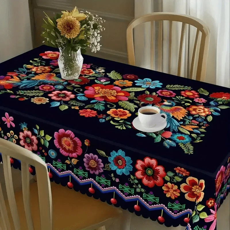 1pc Mexican Style Round/ Rectangular Tablecloth with Vibrant Multicolor Floral Pattern - Traditional Southwestern Design in Red,