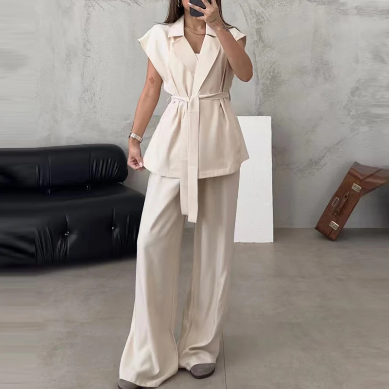 

Lady Lapel Lace Up Vest Top + Straight Pants Set Office Elegant Solid Color High Waist Suit 2024 Summer Streetwear Loose Outfit