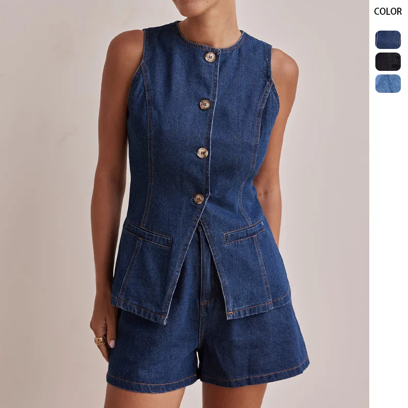 

2025 Spring-Summer Euro Style: Sleeveless High-Waist Denim Set (Waist-Cinched & Loose)