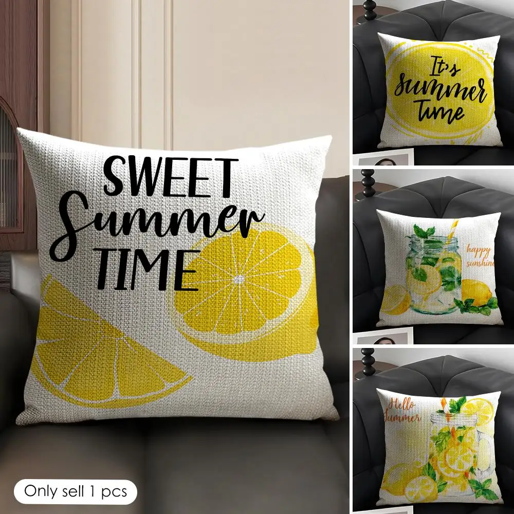 Watercolor Summer Lemon Cushion Cover Natural Linen Organic Fabric Double-Sided Printing Breathable Perfect Gift For Decor