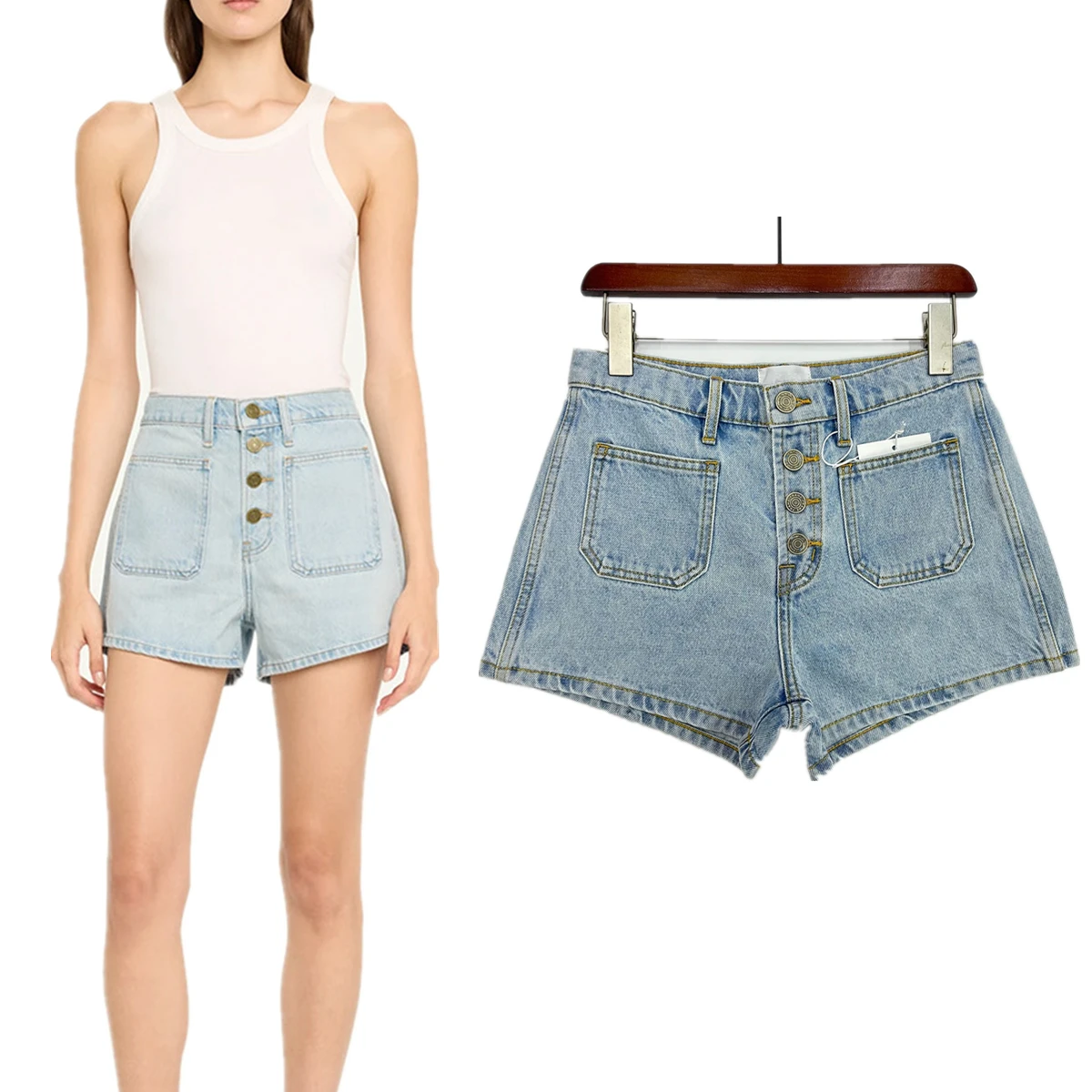 

Jenny&Dave Minimalist Retro Single Breasted Bermuda Summer Shorts Light Blue Front Pocket High Waisted Denim Shorts For Women