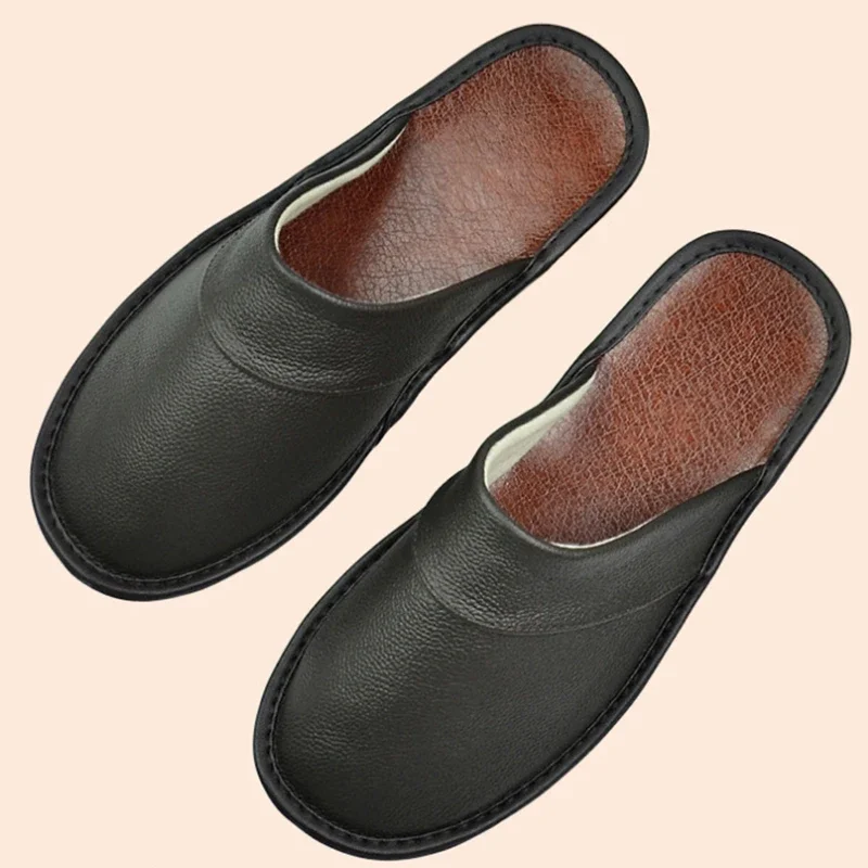 Cow Leather Slippers Unisex Big Sizes Linen Home Male Indoor House for Men\'s Slippers Women Man Slipper Luxury Soft Flat Shoes