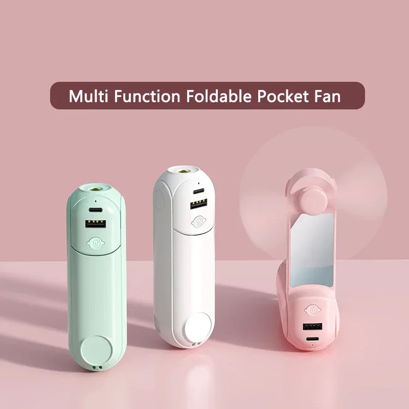 Portable Handheld Mini Fan 5 In 1 With LED Light Adjustable Bracket Mirror Flashlight Power Bank For Mobile Phone Students