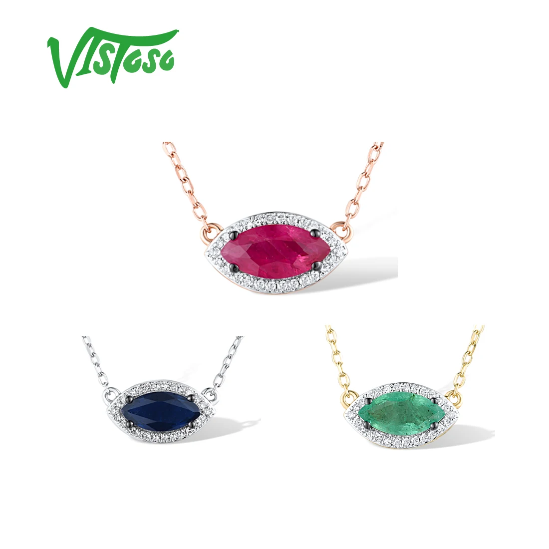

VISTOSO Pure 14K 585 Yellow White Rose Gold Necklace For Women Shiny Blue Sapphire Ruby Emerald Trendy Chic Gifts Fine Jewelry