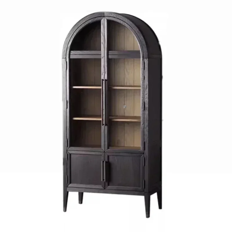 American Light Luxury Style Solid Wood Bookcase French Retro Arch Wine Cabinet Locker