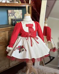 Baby Girl Spring Red Small Bell Candy Cine Embroidery Apricot Vintage Princess Dress Boy Suit for Christmas Eid Birthday C91