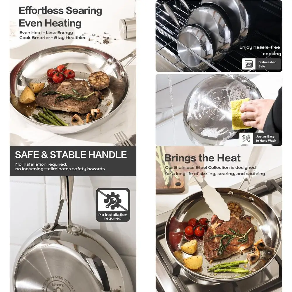 

10 Inch 3-Ply Stainless Steel Frying Pan with Lid - Durable, Even Heating Skillet for Induction and All Stoves, Oven & Dishwashe