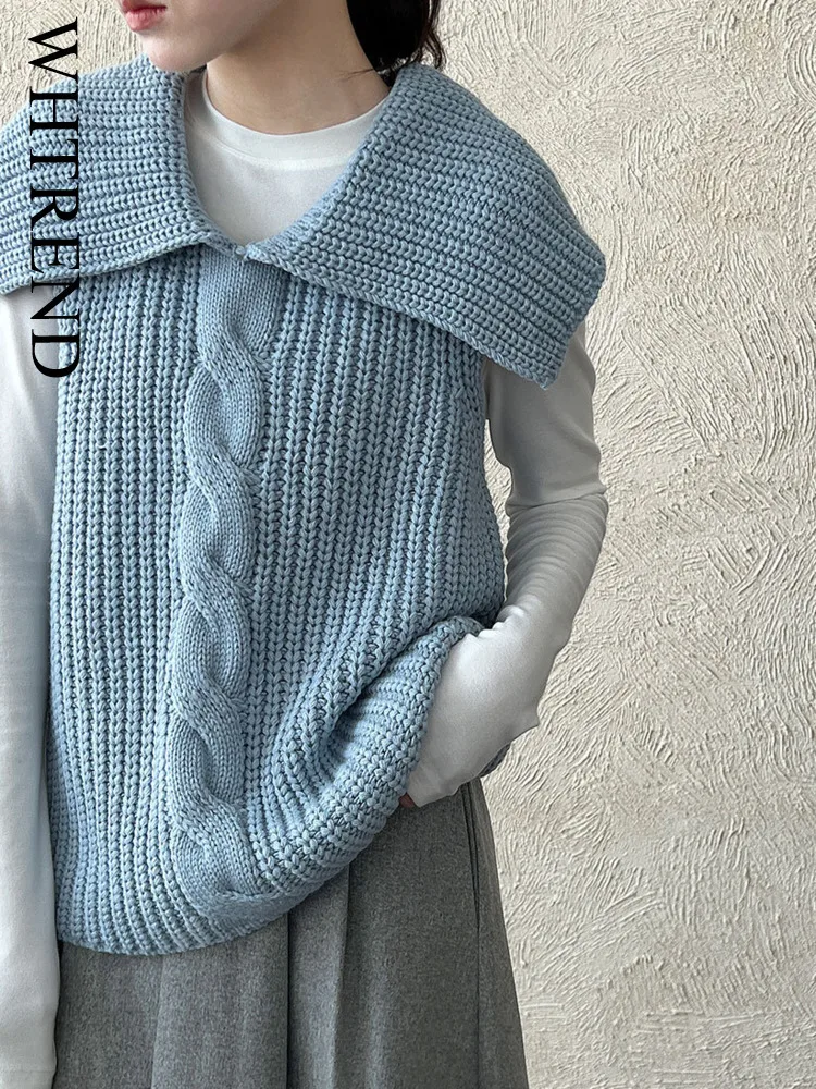 

WHTREND Korean Style Design Lapel Collar Sleeveless Knitted Vest For Women Autumn New Versatile Top WH1607