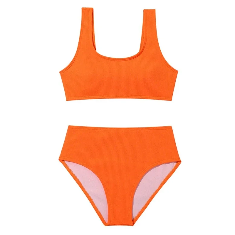 

7-14 Years Kids High Waist Swimsuit Swimwear Beachwear Children Girls Solid Color Bikini Set