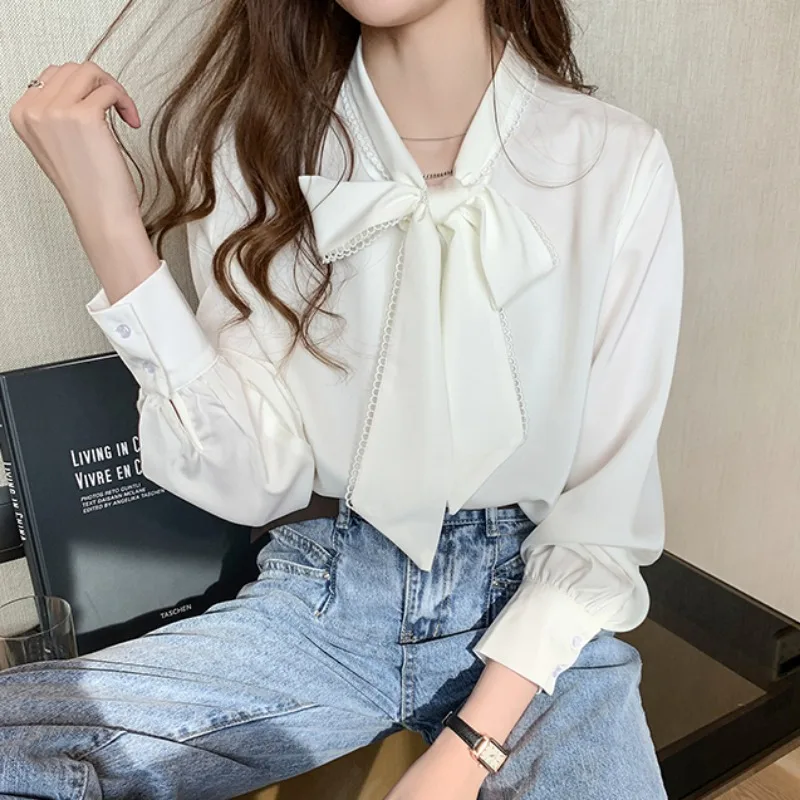 Korean Loose Tops Spring Fashion Chiffon Blouse Women White Office Lady Clothes with Bow Blue Long Sleeve Shirt