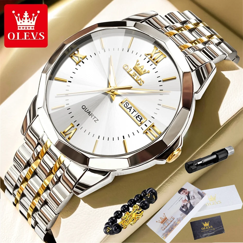 OLEVS 9989 Men\'s Watch Classic Prism Mirror Mirror Waterproof Dual Calendar Fashion Business Watch Luxury Brand Quartz Men Watch