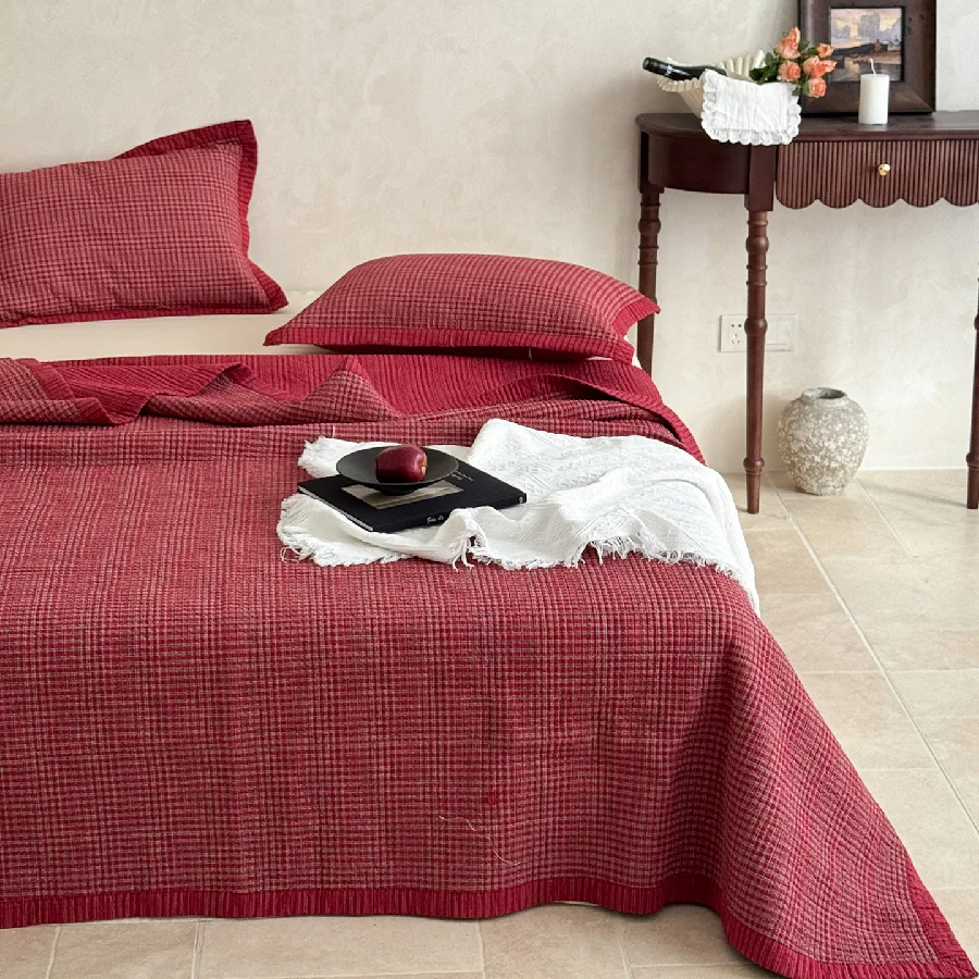 Hepburn Style Plaid Quilt Set, 100% Cotton Yarn-Dyed Bedspread Coverlet, 3-Piece Thickened Washed Cotton Bedding Set, Home Decor