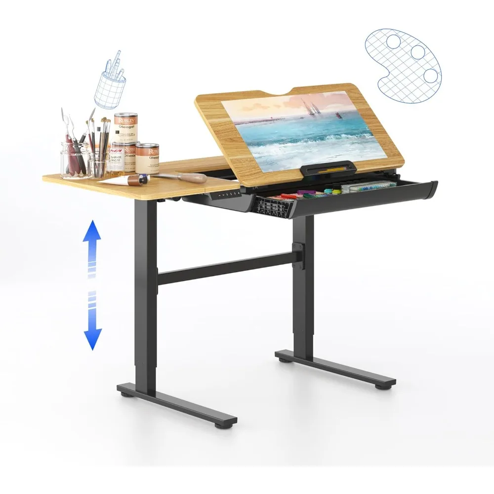 Electric Drafting Table Adjustable Height Standing Drawing Desk Extendable Top Craft Workstation w/Tilting Tabletop, Storage