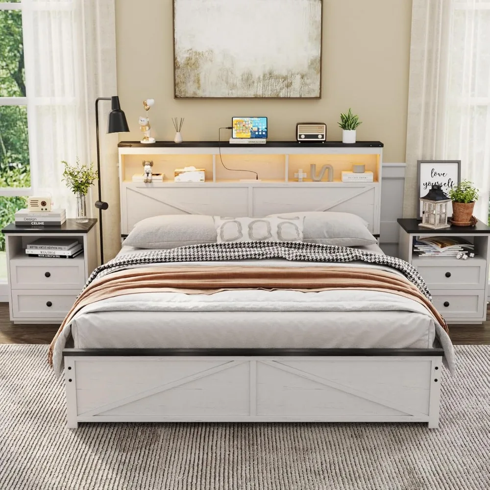 Queen Size Bed Frame with 3-Tier Storage Headboard, Metal Platform Bed Frame with Charging Station, LED Lights, 4 Storage Drawer