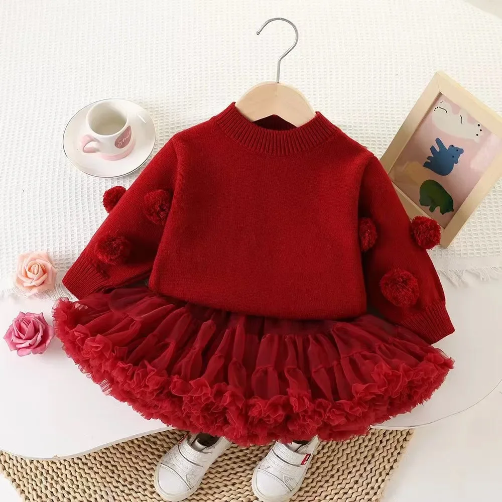 

New Year Christmas Girl Clothes Knitted Pom Poms Sweater & Tulle Tutu Skirt Set 1-5Y Girls Autumn Winter Cute Party Outfit