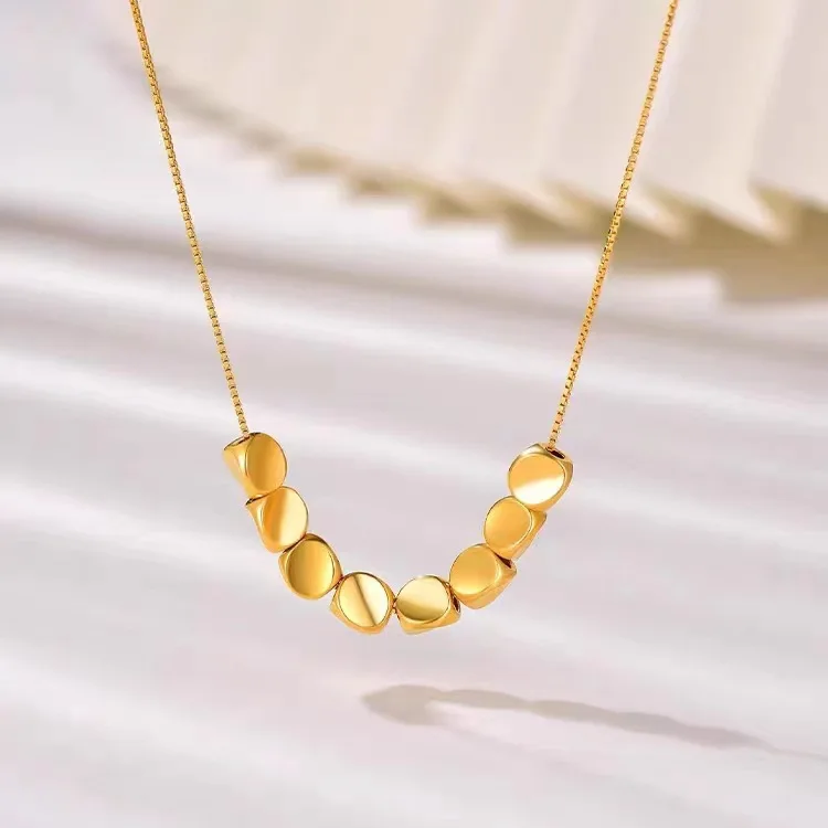 24K Real Gold Small Candy Quad Dishes Bead Necklace for Women 9999 High-end Sense Shattered Silver Several  Clamboy Chain