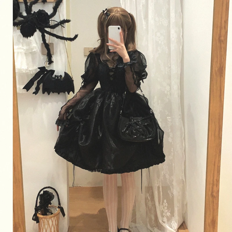 Japanese Victorian Kawaii Lolita Dress Women V Neck Jacquard Organza Fairy Dresses Korean Fashion Gothic Sleeveless Strap Dress