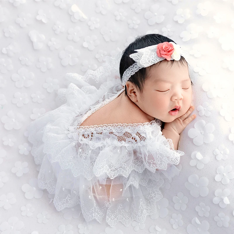 Ylsteed 2 Pieces Set Newborn Photography Lace Romper White Color Baby Girl Photo Shooting Outfits with Headband