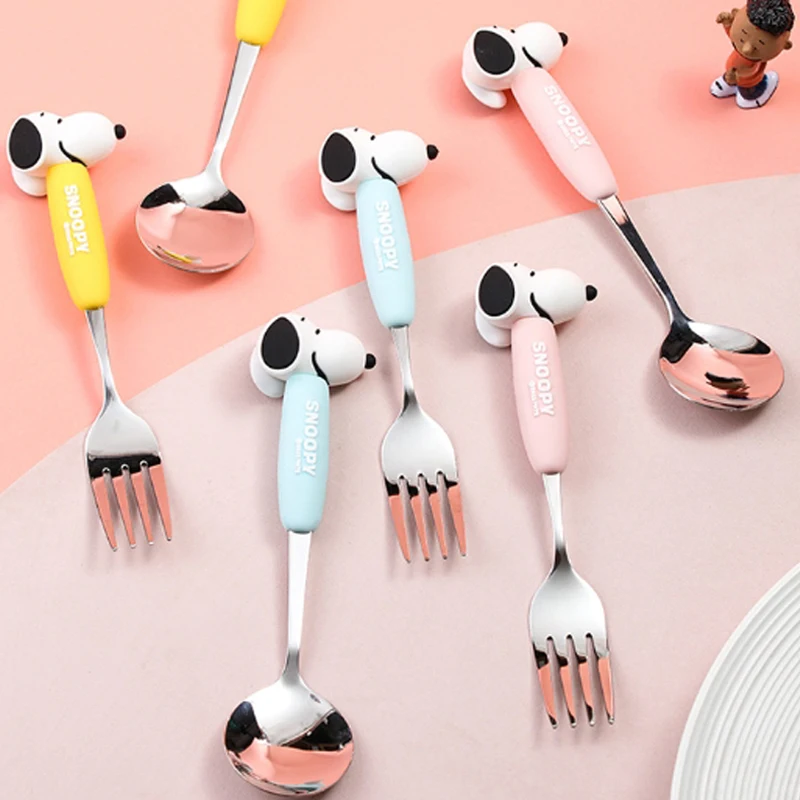 Anime Snoopy Spoon Fork Child Cartoon Snoopy Doll Fruit Fork Spoon Suit Girl Tableware Stainless Steel Student Spoon Fork